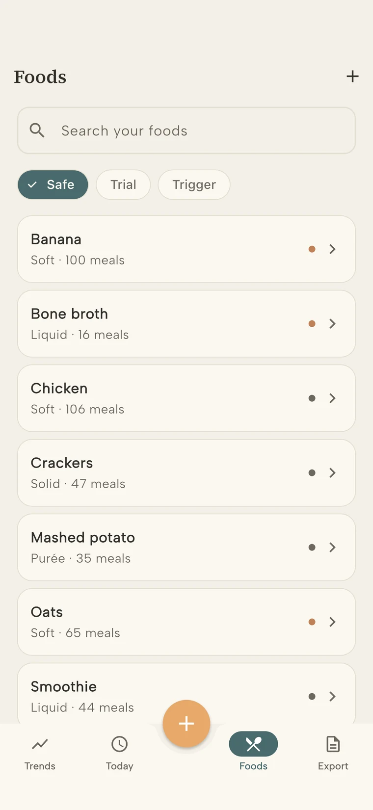 GastroLog's Foods list filtered to Safe foods: banana, bone broth, chicken, crackers, mashed potato, oats and smoothie, each with its texture and how many meals it appears in.