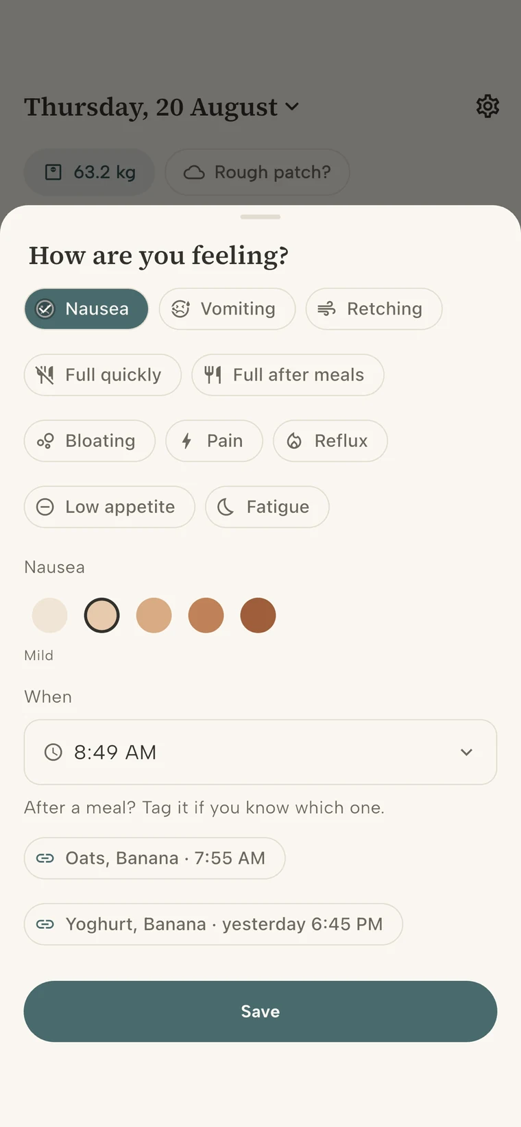 GastroLog's symptom sheet with symptom choices, a five-dot severity scale, the time, and links to the current meal or last night's dinner.