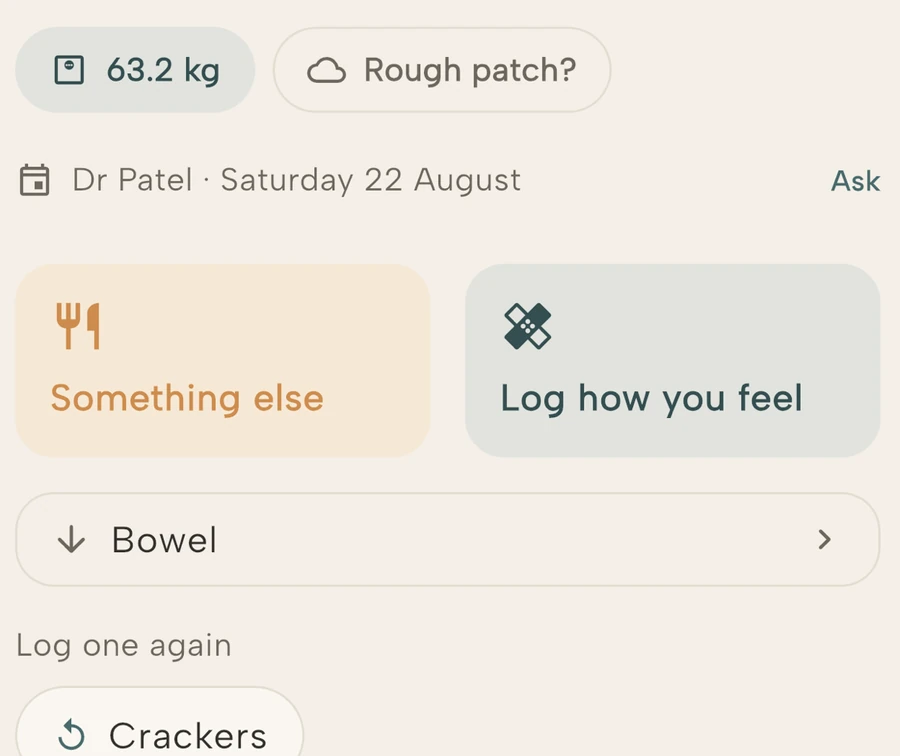 A real GastroLog Today screen crop showing the Ask shortcut, meal and symptom buttons, and the Bowel entry row.
